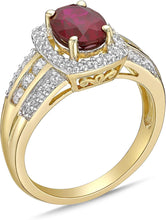 10K Yellow Gold, Lab Created Oval Gemstone & Lab Created White Sapphire Cushion Halo Fluted Filigree Cathedral Style Engagement Ring - Choice of Color