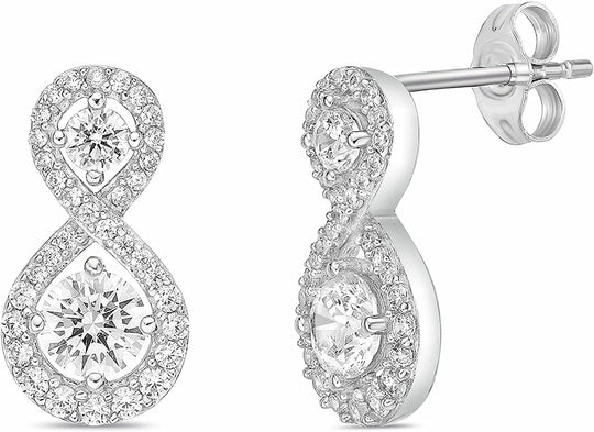 .925 Sterling Silver Round Cubic Zirconia 2/3" Infinity Halo Style Drop Earrings