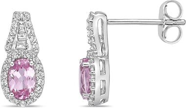 .925 Sterling Silver, Oval Cut Lab-Grown Gemstone & Round + Baguette Cut Lab-Grown White Sapphire Halo Drop Style Stud Earrings - Choice of Gem Color