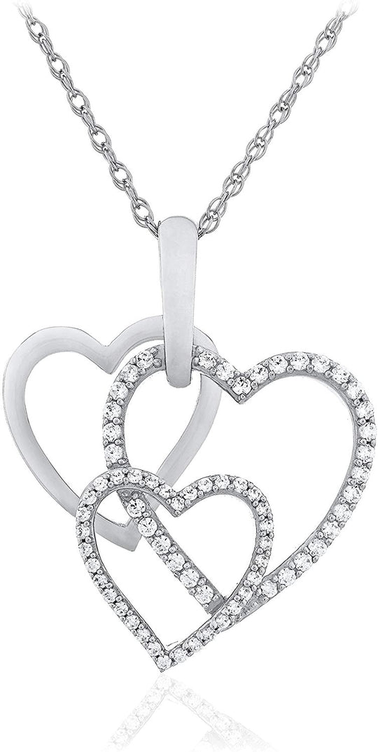 .925 Sterling Silver Round White Cubic Zirconia Three Overlapping Open Hearts Pendant Necklace with Delicate Rope Chain - 20”
