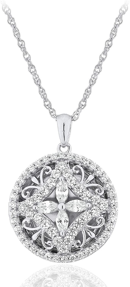 .925 Sterling Silver Cubic Zirconia Round Open Filigree Locket Pendant Necklace with 18" Rope Chain