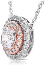 14K Rose Gold Plated .925 Sterling Silver Cubic Zirconia Two Toned Round Double Halo Necklace with 18