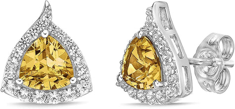 .925 Sterling Silver Trillion Cut Birthstone & Created White Sapphire Halo Stud Earrings - Choice of Birthstone/Month