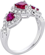 .925 Sterling Silver, Heart Cut Lab-Grown Ruby & Round Cubic Zirconia 3 Heart Split Shank Engagement or Anniversary Ring