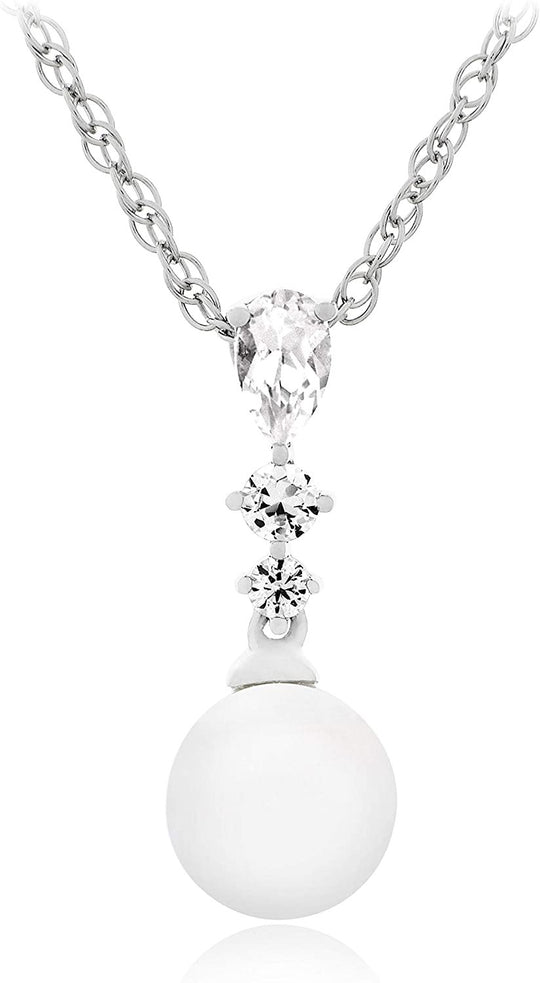 .925 Sterling Silver 7mm Freshwater Cultured Pearl & Lab Grown White Sapphire Elegant Drop Pendant Necklace on 18" Rope Chain