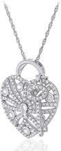 .925 Sterling Silver Cubic Zirconia Heart Lock and Key Pendant Necklace with 18