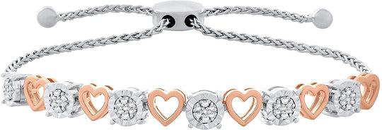 14K Rose Gold Plated .925 Sterling Silver 1/20 Cttw Diamond Alternating Heart & Cluster Adjustable Bolo Bracelet - 6-9” (I-J Color, I2-I3 Clarity)