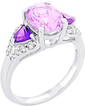 .925 Sterling Silver, Oval & Trillion Cut Purple Amethyst & White Topaz Three Stone Anniversary or Engagement Ring