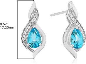 .925 Sterling Silver Pear-Shaped Birthstone & Lab-Grown White Sapphire or CZ Milgrain Twist Stud Drop Earrings - Choice of Gem Color/Month
