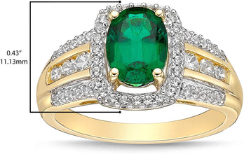 10K Yellow Gold, Lab Created Oval Gemstone & Lab Created White Sapphire Cushion Halo Fluted Filigree Cathedral Style Engagement Ring - Choice of Color