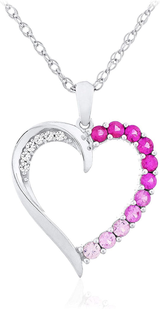 .925 Sterling Silver Ombre Dark to Light Lab Grown Pink Sapphire Heart Pendant Necklace with Lab Grown White Sapphire Accents on 18" Rope Chain