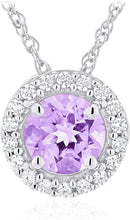 .925 Sterling Silver Birthstone & Lab Grown White Sapphire or CZ Halo Pendant Necklace on 18