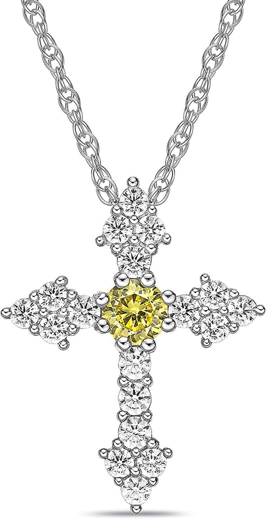 .925 Sterling Silver & White and Yellow Cubic Zirconia Botonnée or Trinity Cross Pendant Necklace with Rope Chain - 20”