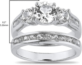 .925 Sterling Silver Round Lab-Grown White Sapphire Cathedral Style 3 Stone Engagement Ring and Eternity Wedding Band Bridal Set