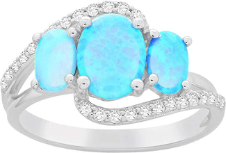 .925 Sterling Silver, Oval Lab Grown Blue Opal Cabochons & Lab Grown White Sapphire Faux Bypass 3 Stone Split Shank Statement Ring