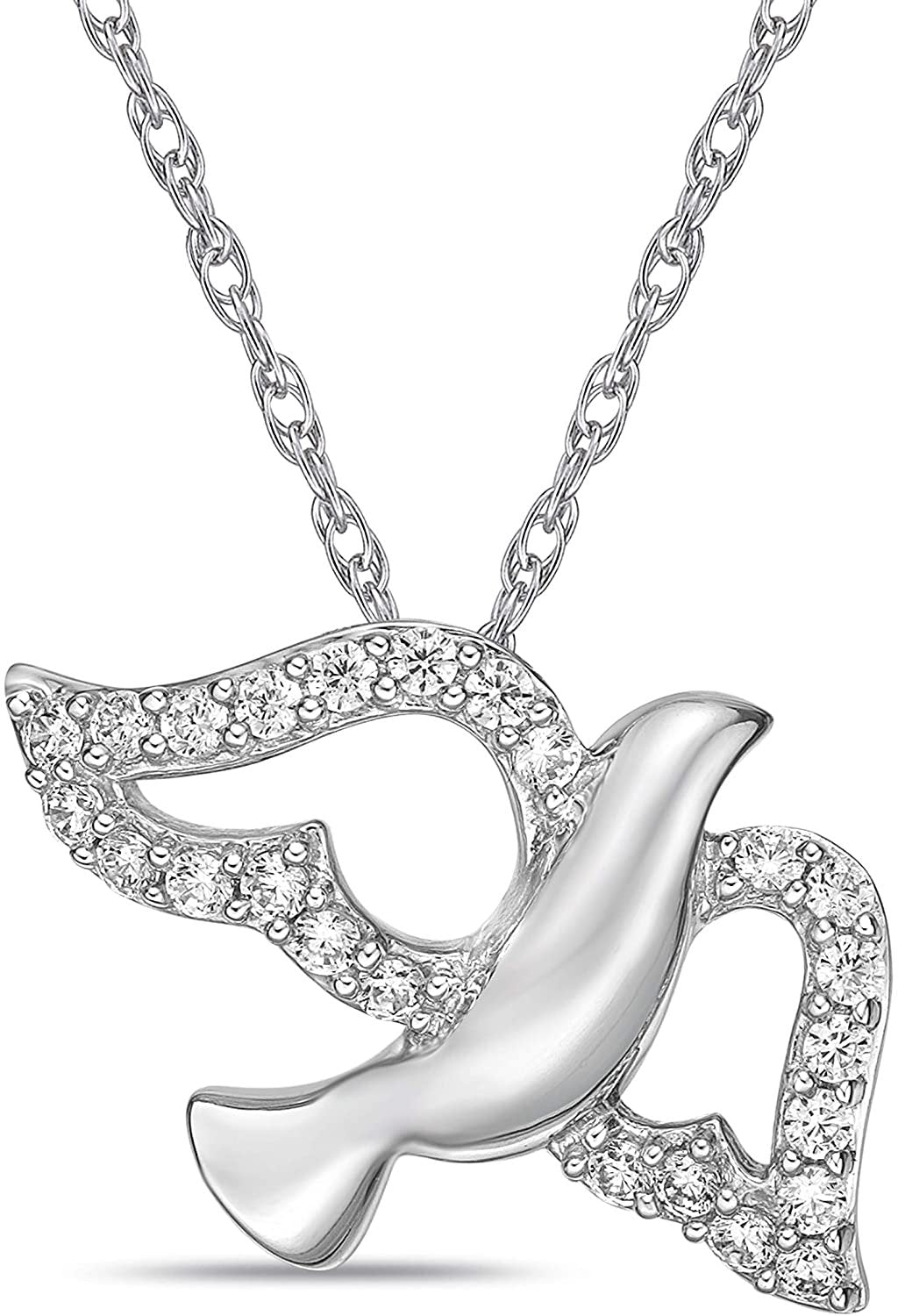.925 Sterling Silver & Round White Cubic Zirconia Flying Mother Dove Pendant Necklace with 20" Rope Chain