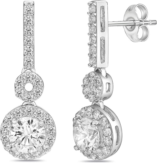 .925 Sterling Silver Round Cubic Zirconia 1" Dangling Halo Style Drop Earrings