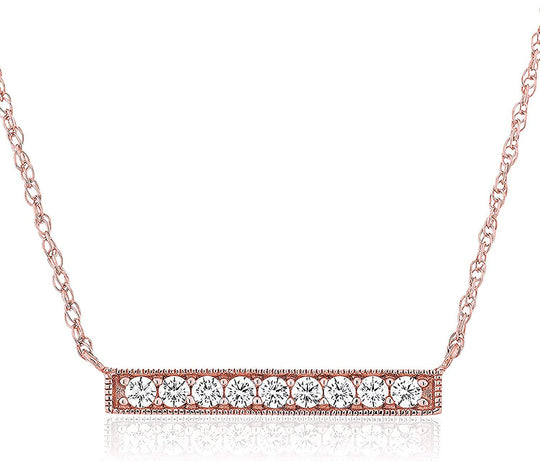 14K Rose Gold-Plated .925 Sterling Silver Cubic Zirconia Milgrained Bar Necklace with 18" Rope Chain