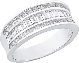 .925 Sterling Silver Baguette Cut & Princess Cut Gemstone Channel Set Band Statement Ring - Choice of Cubic Zirconia or Created Blue & White Sapphire