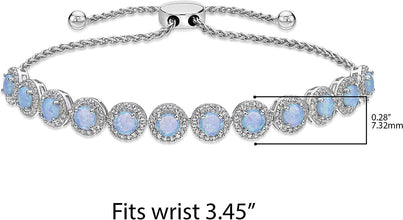 .925 Sterling Silver, Lab Grown Opal Cabochon & Lab Grown White Sapphire Round Halo Links Adjustable Bolo Bracelet - 6”-9-1/2” - Choice of Opal Color