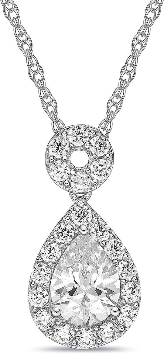 .925 Sterling Silver Round and Pear Cut White Cubic Zirconia 3/4" Open Circle over Halo Teardrop Pendant Necklace with Rope Chain - 20”