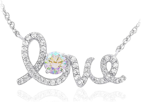 .925 Sterling Silver & White and Rainbow Aurora Borealis Cubic Zirconia Cursive Love 18" Rope Chain Necklace