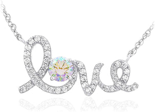 .925 Sterling Silver & White and Rainbow Aurora Borealis Cubic Zirconia Cursive Love 18