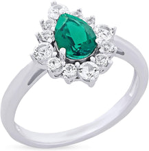 .925 Sterling Silver, Pear Cut Lab-Grown Gemstone & Round Lab-Grown White Sapphire Halo Teardrop Engagement Ring - Choice of Gem Color