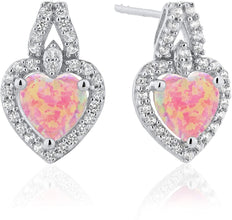.925 Sterling Silver Heart Shape Lab Created Pink Opal Stud Earrings with Lab Created White Sapphires