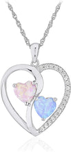 .925 Sterling Silver Heart Shape Lab Grown Multi-Color Opals & White Sapphire Heart Pendant Necklace on 18