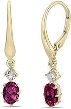 14K Yellow Gold Plated .925 Sterling Silver Oval Cut Birthstone & Created White Sapphire Leverback Dangle Earrings - Choice of Birthstone/Month