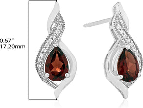 .925 Sterling Silver Pear-Shaped Birthstone & Lab-Grown White Sapphire or CZ Milgrain Twist Stud Drop Earrings - Choice of Gem Color/Month