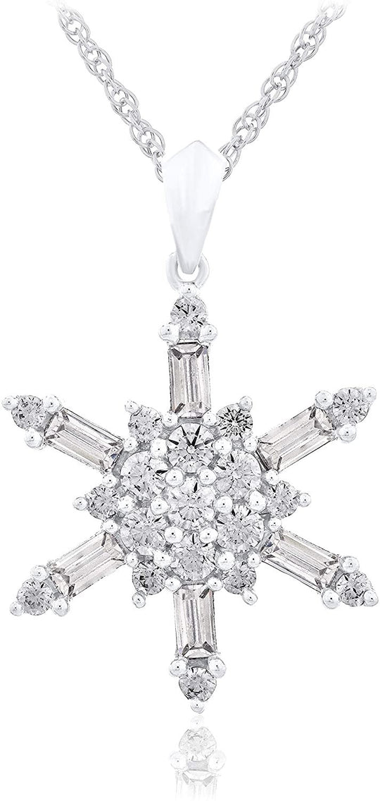 .925 Sterling Silver & Round and Baguette Cut White Cubic Zirconia Cluster Snowflake 20" Rope Chain Pendant Necklace