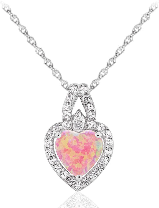 .925 Sterling Silver Heart Shape Lab Created Pink Opal Pendant Neclace with Lab Created White Sapphires with 18" Rope Chain