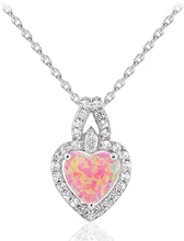 .925 Sterling Silver Heart Shape Lab Created Pink Opal Pendant Neclace with Lab Created White Sapphires with 18