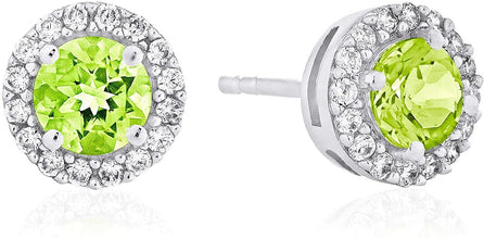 .925 Sterling Silver Birthstone and Lab Grown White Sapphire or CZ Halo Stud Earrings - Choice of Gem Color/Month