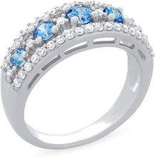 .925 Sterling Silver, Fancy Blue Swarovski Zirconia & White Cubic Zirconia Alternating Stone Band-Style Anniversary or Engagement Ring