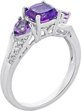 .925 Sterling Silver Three Stone Natural Amethyst & Lab Created White Sapphire Split Shank Ring