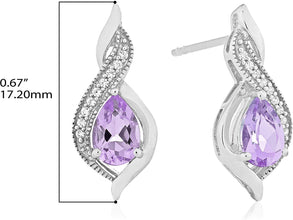 .925 Sterling Silver Pear-Shaped Birthstone & Lab-Grown White Sapphire or CZ Milgrain Twist Stud Drop Earrings - Choice of Gem Color/Month
