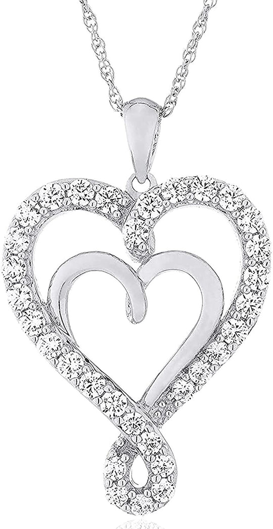 .925 Sterling Silver Cubic Zirconia Nesting Hearts Pendant Necklace with 18" Rope Chain