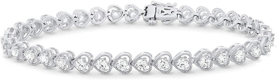 .925 Sterling Silver Cubic Zirconia Heart Link Milgrain Tennis Bracelet - 7-1/4"