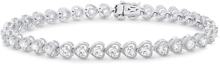 .925 Sterling Silver Cubic Zirconia Heart Link Milgrain Tennis Bracelet - 7-1/4
