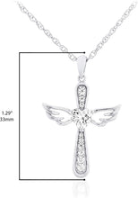 .925 Sterling Silver Heart Cut White Cubic Zirconia Heart Flared Cross with Angel Wings Pendant Necklace with Rope Chain - 20”