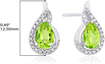 .925 Sterling Silver Pear-Shaped Birthstone & Lab Grown White Sapphire or CZ Teardrop Stud Earrings - Choice of Gem Color/Month