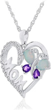 .925 Sterling Silver Amethyst & Created Opal Heart Shape 'Mom' Butterfly Pendant Necklace with Cubic Zirconias on 18