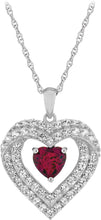 .925 Sterling Silver Heart Cut Lab-Grown Ruby & Round Lab-Grown White Sapphire Heart Inside Double Row Halo Frame Pendant Necklace - 18”