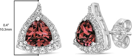 .925 Sterling Silver Trillion Cut Birthstone & Created White Sapphire Halo Stud Earrings - Choice of Birthstone/Month