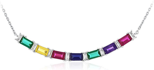 .925 Sterling Silver Lab Grown Sapphire Multicolored Rainbow Baguette Necklace