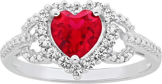 .925 Sterling Silver, Heart Cut Lab-Grown Ruby & Round Lab-Grown White Sapphire Halo Engagement or Anniversary Ring
