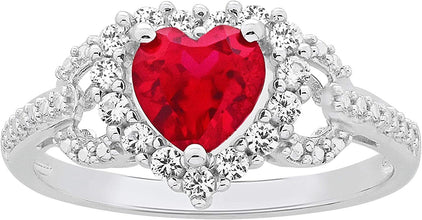 .925 Sterling Silver, Heart Cut Lab-Grown Ruby & Round Lab-Grown White Sapphire Halo Engagement or Anniversary Ring